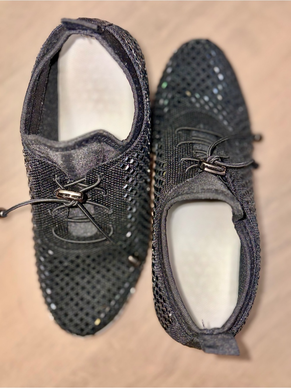 Women’s Black Knit Glitter Slip-On Sneakers with Toggle Lace